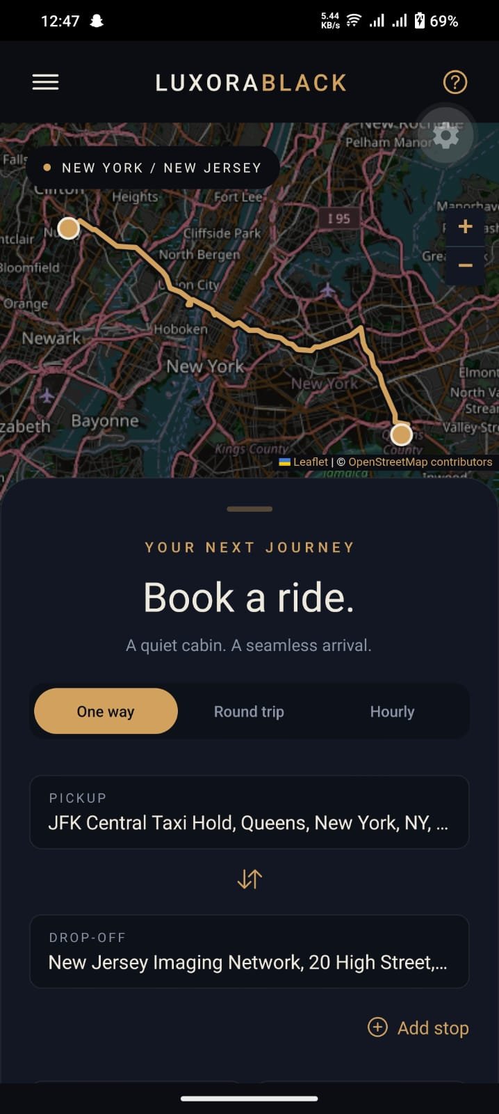 Luxorablack mobile app showing a gold road route, pickup and drop-off locations, and optional stops