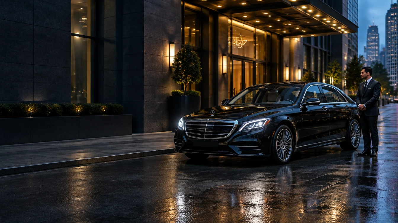 Black luxury sedan and chauffeur outside an elegant hotel at dusk