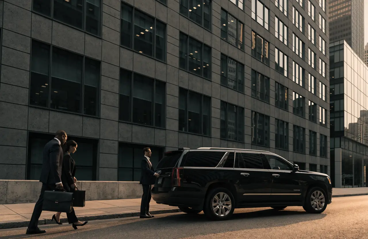 Executive SUV and business travelers outside a corporate office
